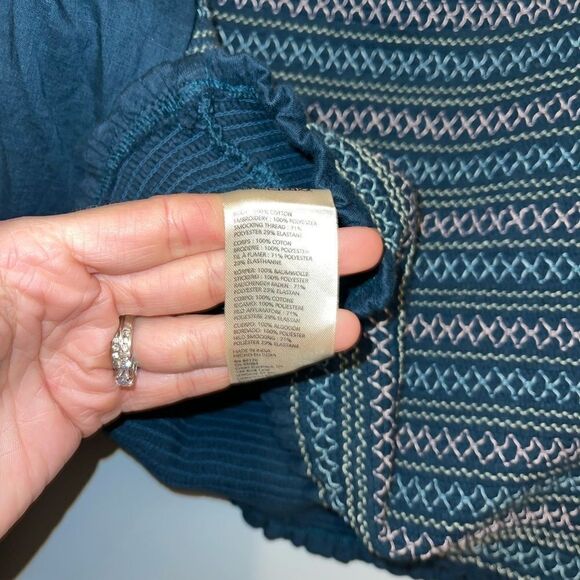 Anthropologie Women’s Small Smocked Embroidered Sequins Puff Sleeve Blue Top - Picture 10 of 11